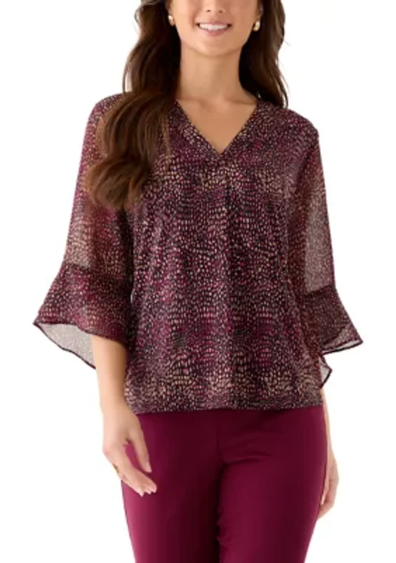 Petite Split Neck Shirt with Bell Sleeves