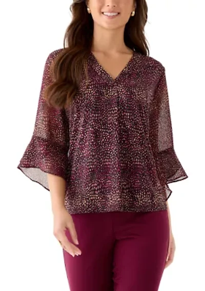 Petite Split Neck Shirt with Bell Sleeves