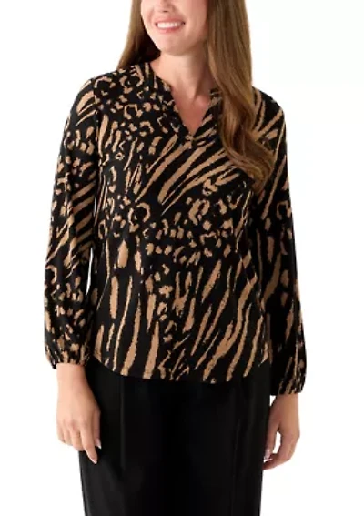 Petite Long Sleeve Split Neck Blouse