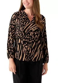 Petite Long Sleeve Split Neck Blouse