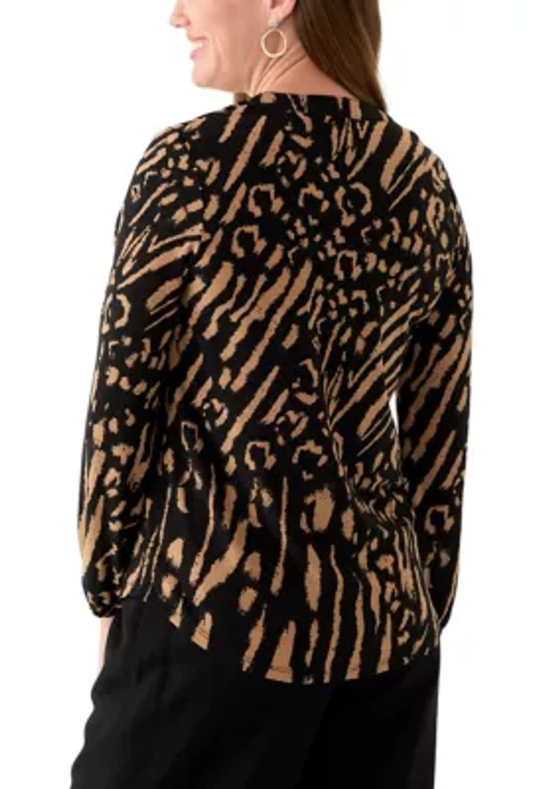 Petite Long Sleeve Split Neck Blouse