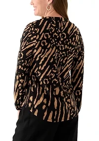 Petite Long Sleeve Split Neck Blouse