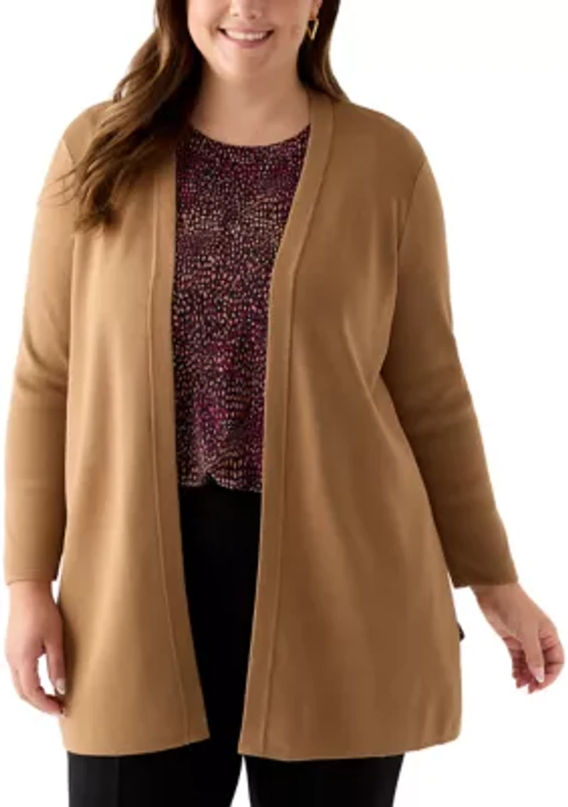 Plus Long Open Front Cardigan with Side Slits