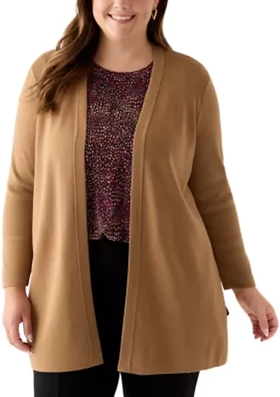 Plus Long Open Front Cardigan with Side Slits