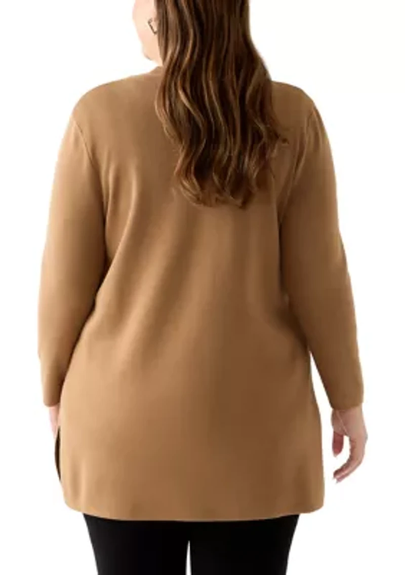 Plus Long Open Front Cardigan with Side Slits