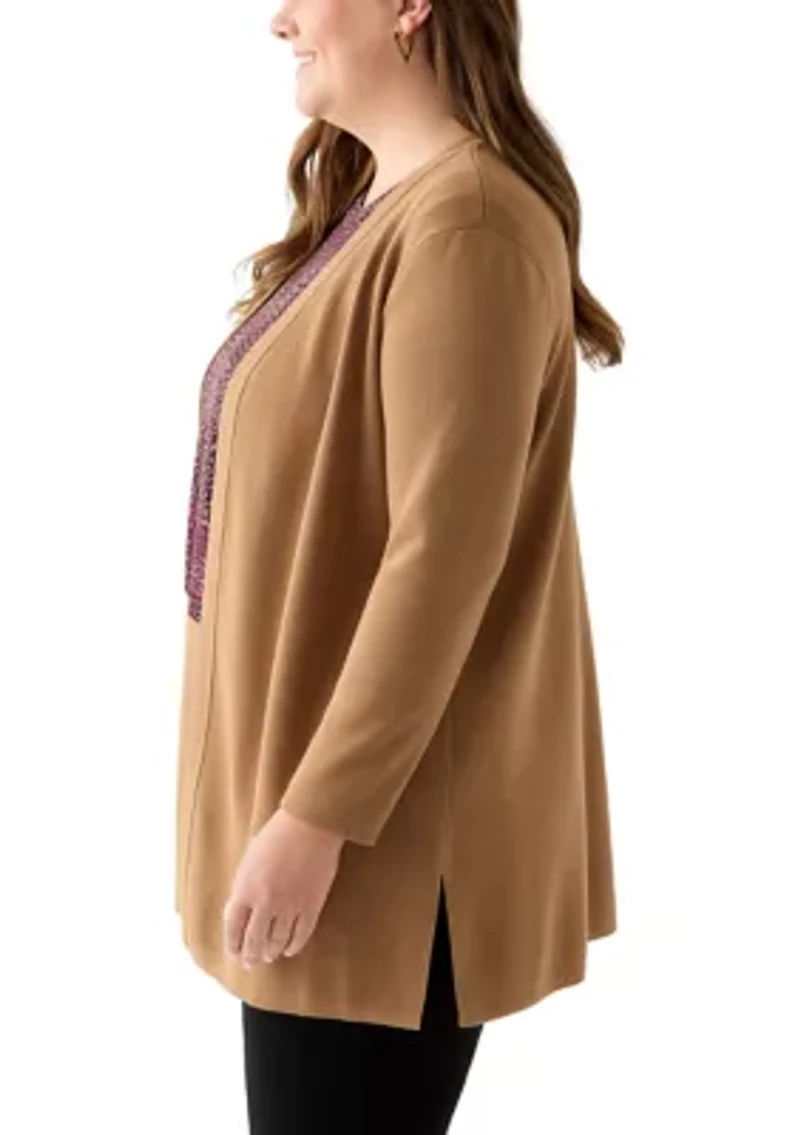 Plus Long Open Front Cardigan with Side Slits