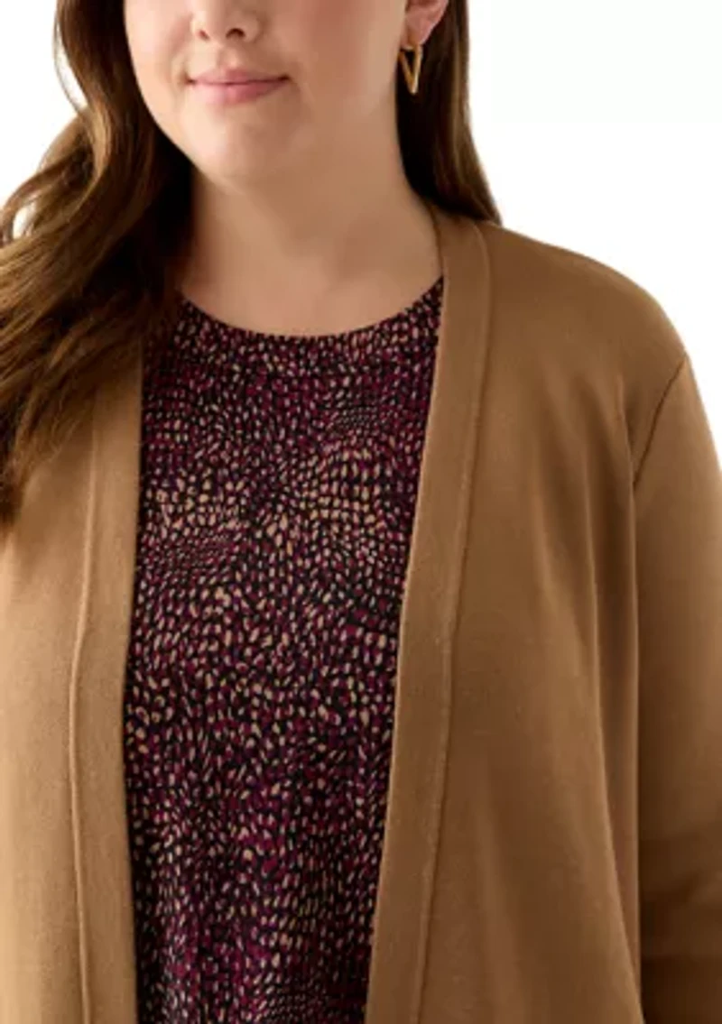 Plus Long Open Front Cardigan with Side Slits
