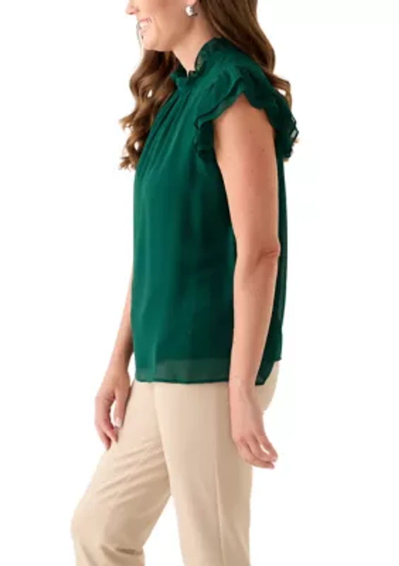 Petite Jewel Neck Flutter Sleeve Blouse
