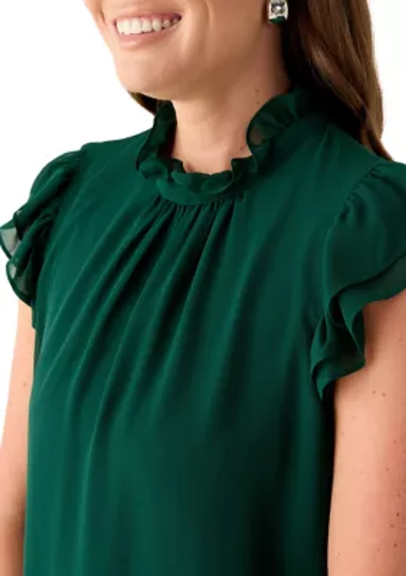 Petite Jewel Neck Flutter Sleeve Blouse