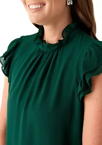 Petite Jewel Neck Flutter Sleeve Blouse