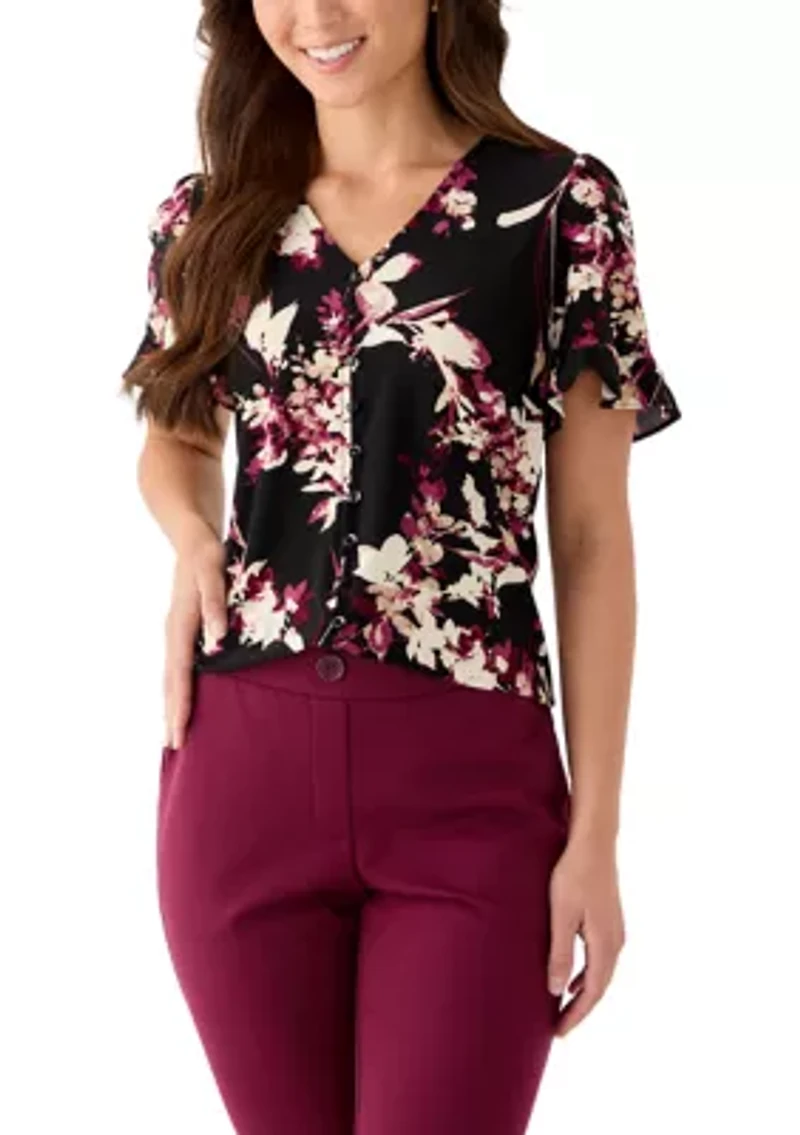 Petite Ruffle Sleeve Printed Shirt