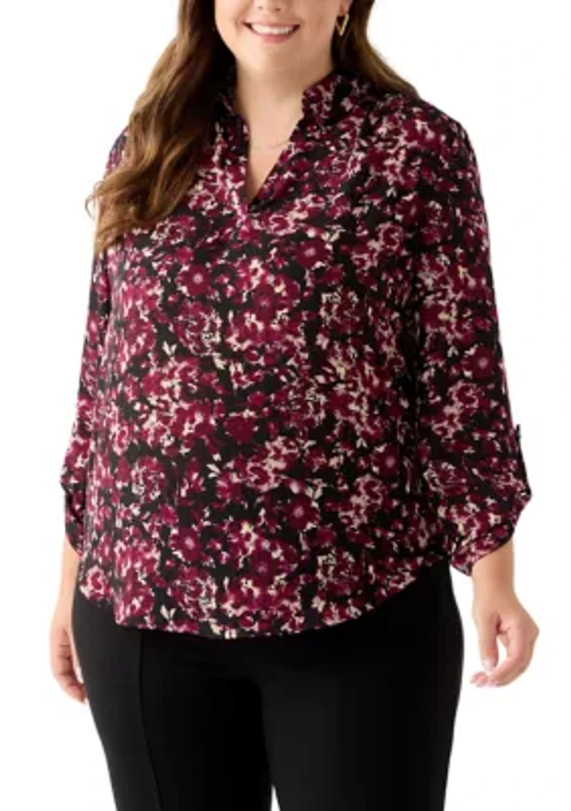 Plus Long Roll Tab Sleeve Printed Colllared Shirt