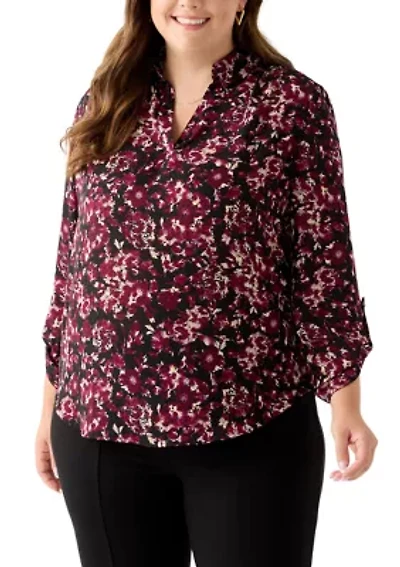 Plus Long Roll Tab Sleeve Printed Colllared Shirt