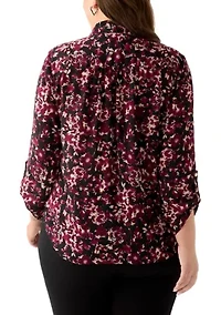 Plus Long Roll Tab Sleeve Printed Colllared Shirt