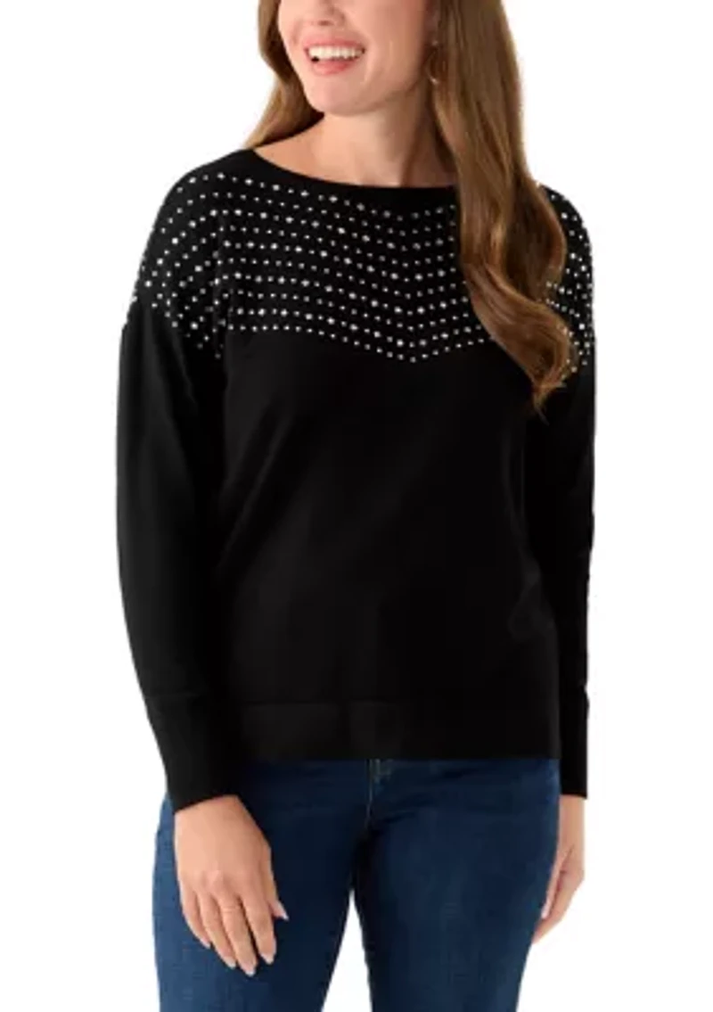 Petite Long Sleeve Boat Neck Rhinestone Sweater