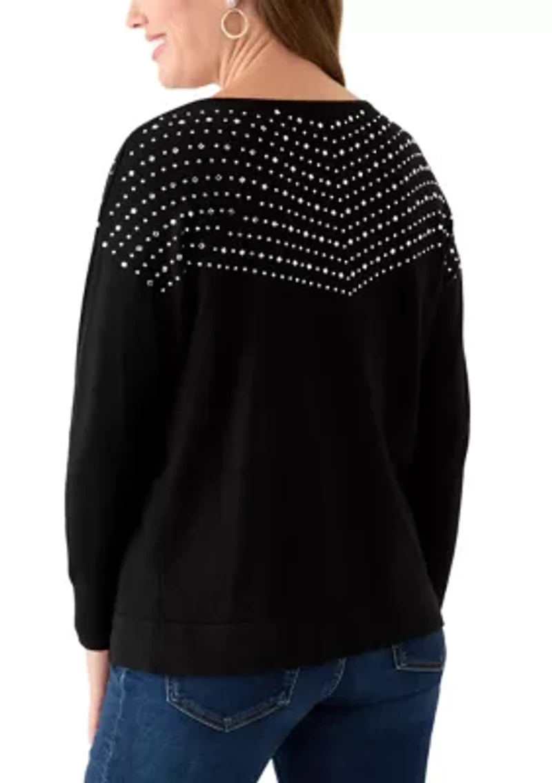 Petite Long Sleeve Boat Neck Rhinestone Sweater