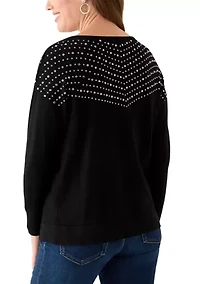 Petite Long Sleeve Boat Neck Rhinestone Sweater
