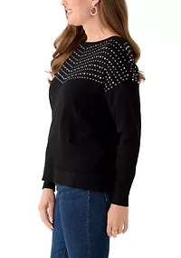 Petite Long Sleeve Boat Neck Rhinestone Sweater
