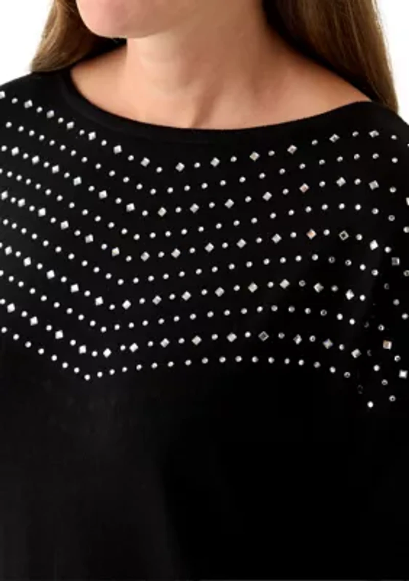 Petite Long Sleeve Boat Neck Rhinestone Sweater