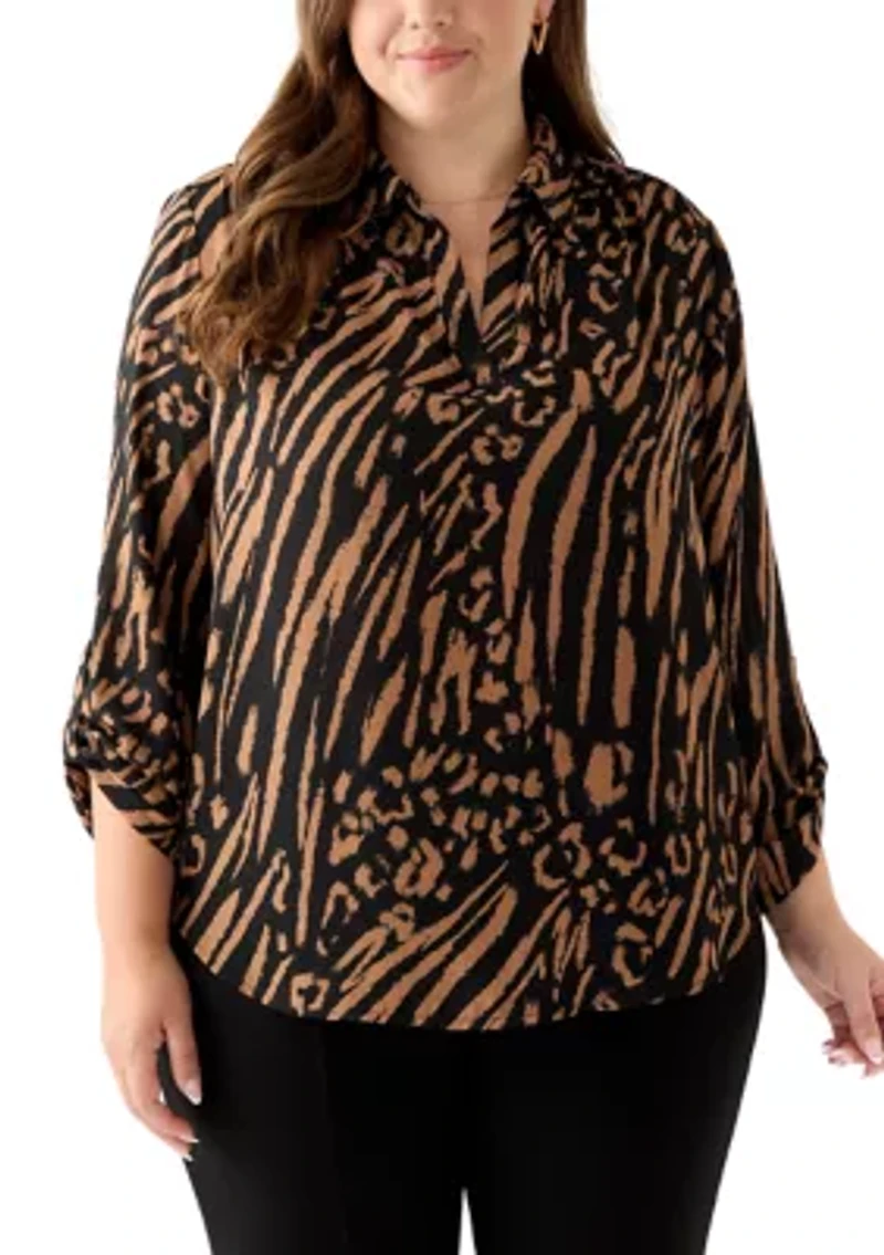 Plus Collared V-Neck Shirt with Roll-Tab Sleeves