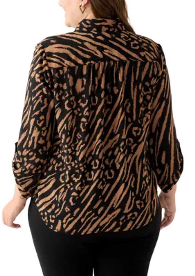 Plus Collared V-Neck Shirt with Roll-Tab Sleeves
