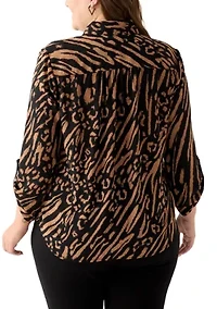 Plus Collared V-Neck Shirt with Roll-Tab Sleeves