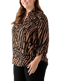 Plus Collared V-Neck Shirt with Roll-Tab Sleeves