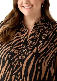 Plus Collared V-Neck Shirt with Roll-Tab Sleeves