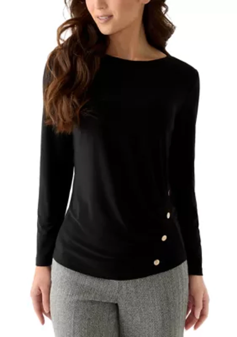 Petite Long Sleeve Front Ruched Top with Rivets
