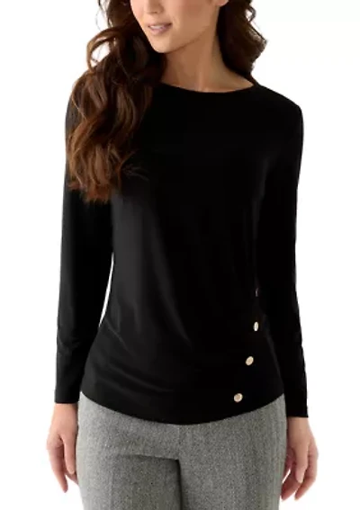 Petite Long Sleeve Front Ruched Top with Rivets