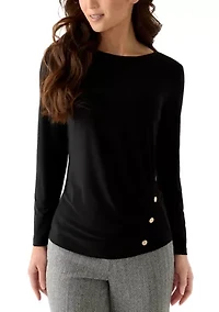 Petite Long Sleeve Front Ruched Top with Rivets