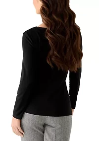 Petite Long Sleeve Front Ruched Top with Rivets