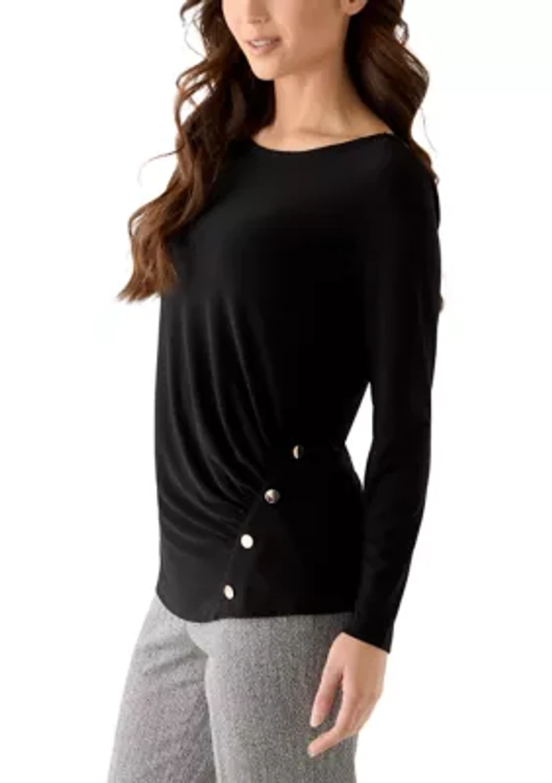 Petite Long Sleeve Front Ruched Top with Rivets