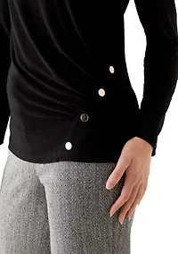 Petite Long Sleeve Front Ruched Top with Rivets