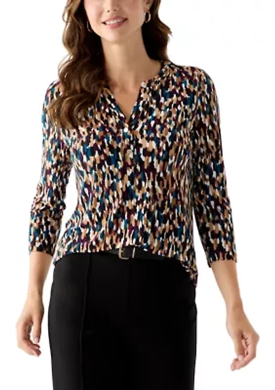 Women's 3/4 Sleeve Printed Henley Top