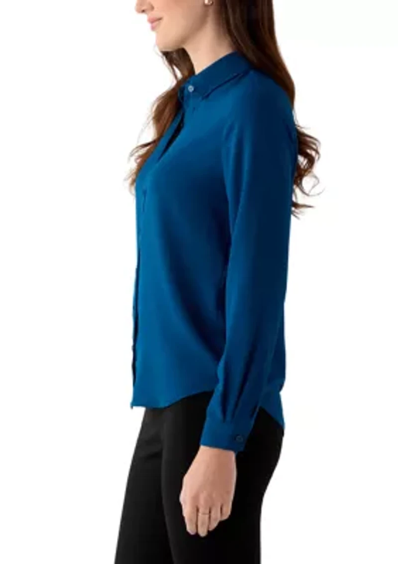 Petite Long Sleeve Button Front Utility Blouse