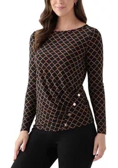 Women's Long Sleeve Ruched Front Printed Top