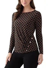 Women's Long Sleeve Ruched Front Printed Top