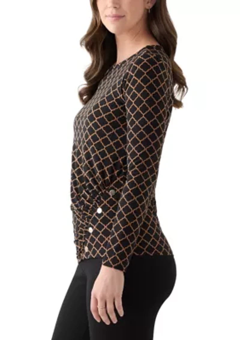 Women's Long Sleeve Ruched Front Printed Top