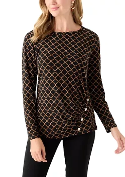 Petite Printed Long Sleeve Front Ruched Top with Rivets