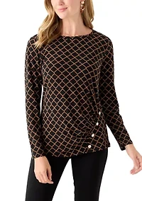 Petite Printed Long Sleeve Front Ruched Top with Rivets