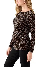Petite Printed Long Sleeve Front Ruched Top with Rivets