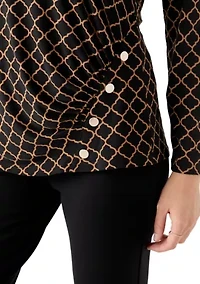 Petite Printed Long Sleeve Front Ruched Top with Rivets