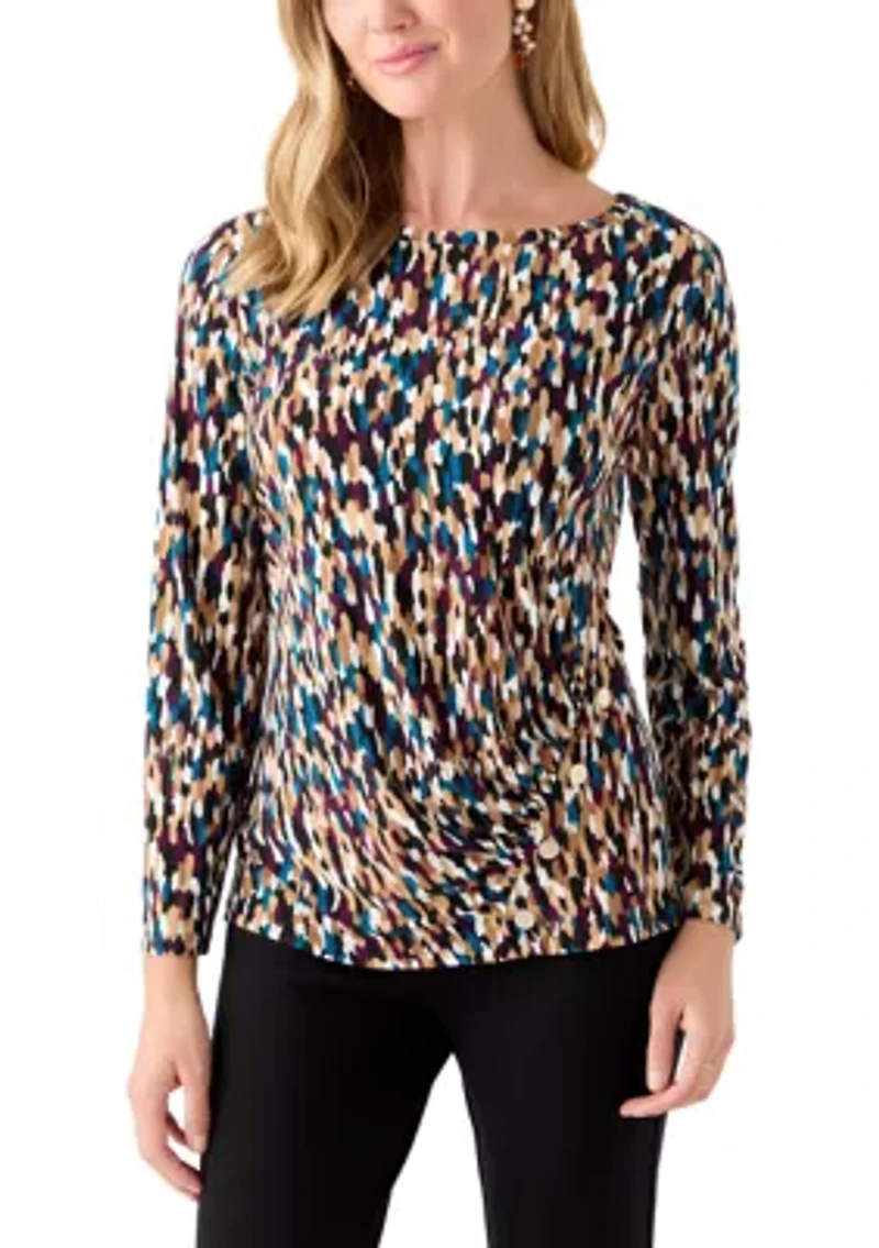 Petite Printed Long Sleeve Front Ruched Top with Rivets
