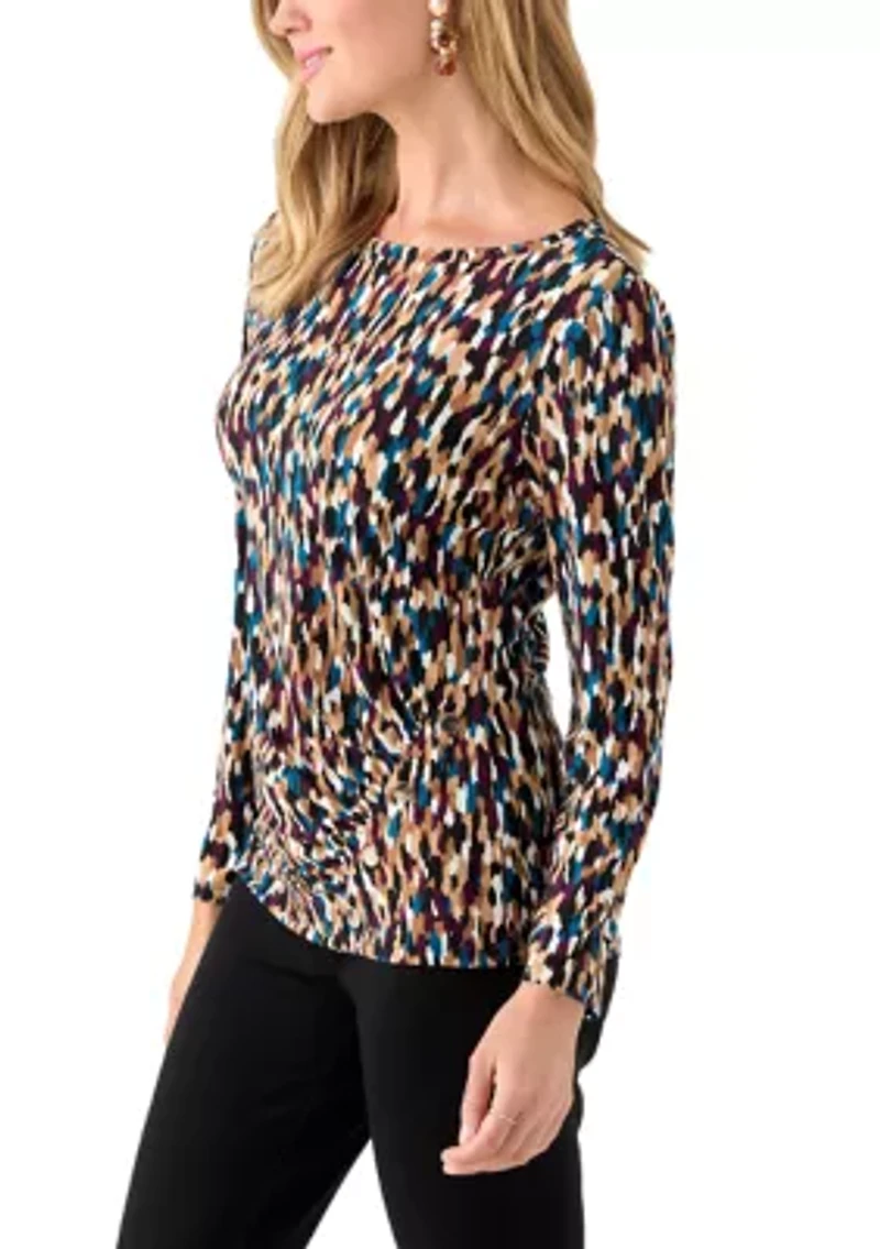 Petite Printed Long Sleeve Front Ruched Top with Rivets