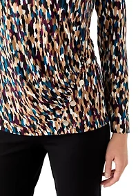 Petite Printed Long Sleeve Front Ruched Top with Rivets