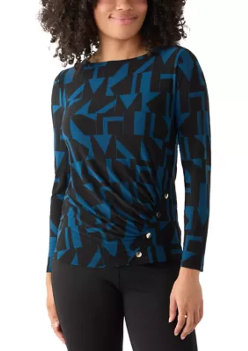 Women's Printed Long Sleeve Front Ruched Top with Rivets