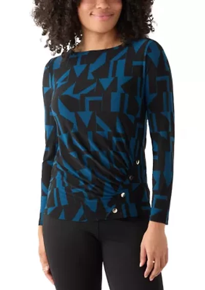 Women's Printed Long Sleeve Front Ruched Top with Rivets