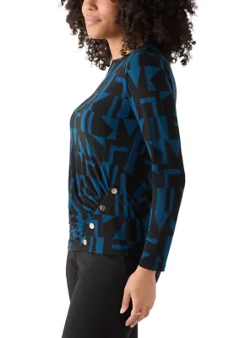 Women's Printed Long Sleeve Front Ruched Top with Rivets