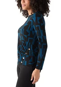 Women's Printed Long Sleeve Front Ruched Top with Rivets